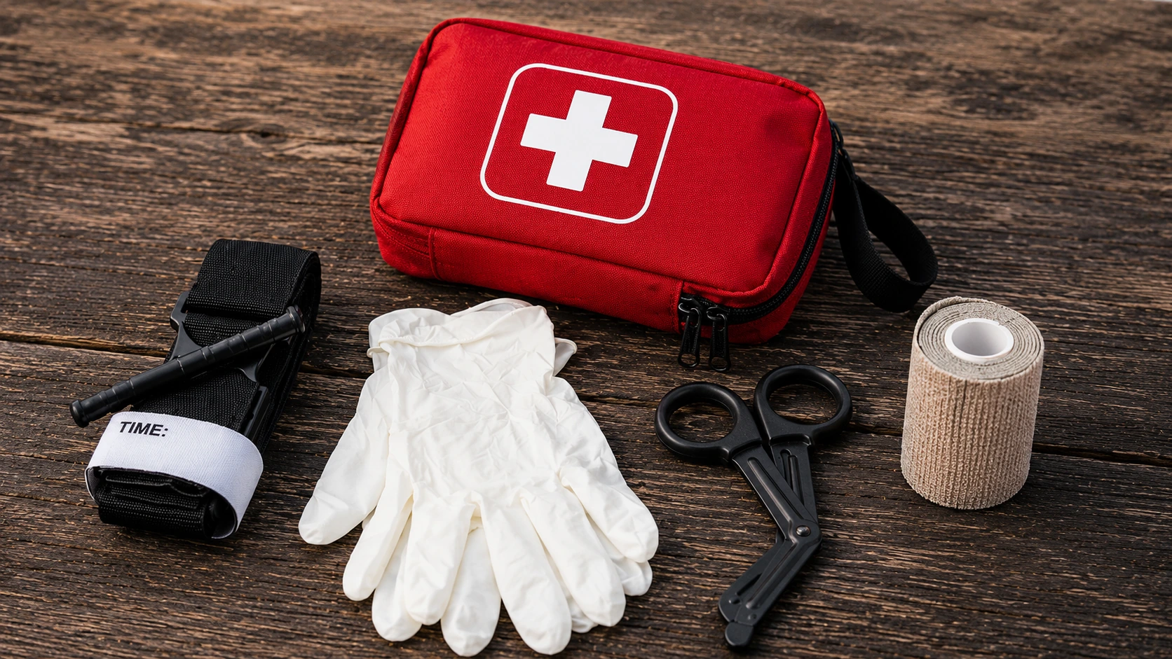 Erste-Hilfe-Set mit Tourniquet, Handschuhen, Rettungsschere und Verbandrolle