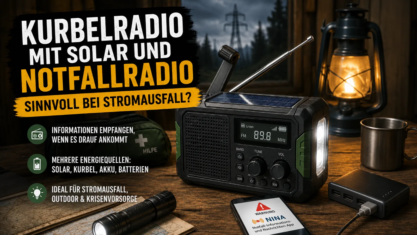Kurbelradio mit Solar, Notfallradio, Powerbank und Warn-App bei Stromausfall