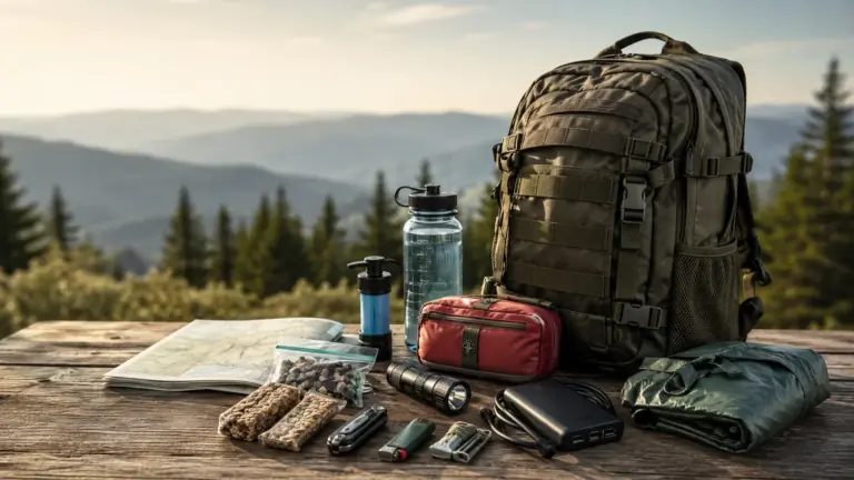 Notfallrucksack mit Wasserflasche, Taschenlampe, Erste-Hilfe-Set und Outdoor-Ausrüstung