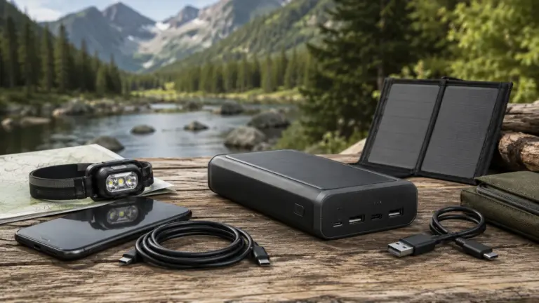 Powerbank mit Solarpanel, Smartphone, Ladekabel und Stirnlampe für Stromausfall und Outdoor