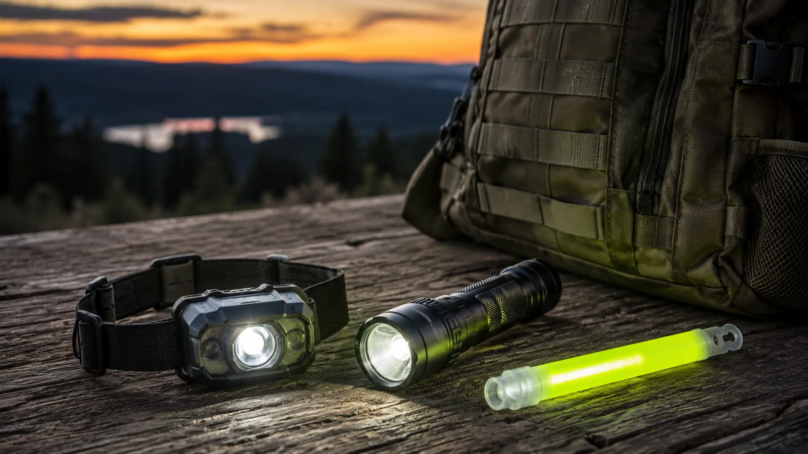 Stirnlampe, Taschenlampe und Knicklicht für den Notfallrucksack