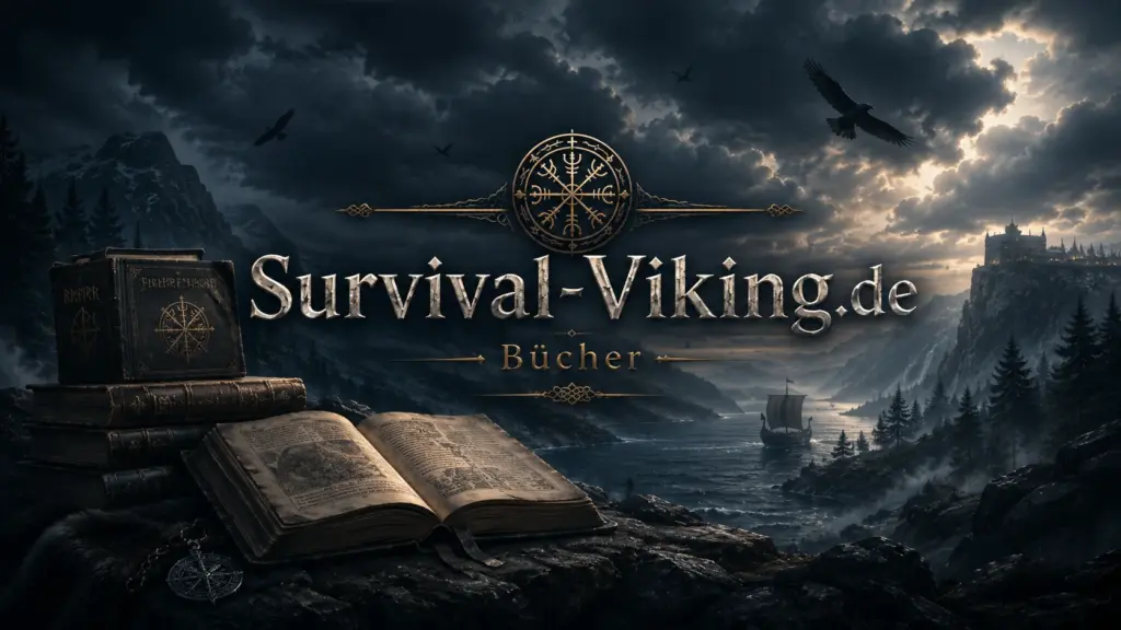 Dunkles Survival-Viking-Banner mit alten Büchern, nordischer Landschaft, Raben und dem Schriftzug „Survival-Viking.de Bücher“.