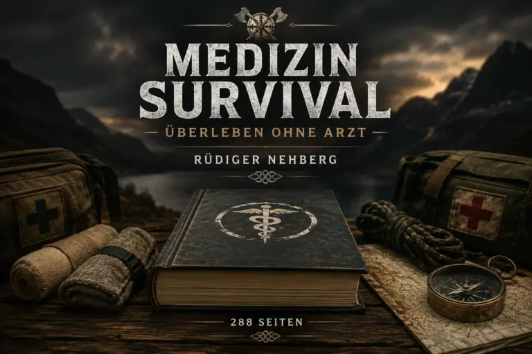 Dunkles Buchbanner zu Medizin Survival von Rüdiger Nehberg mit geschlossenem Buch, Erste-Hilfe-Ausrüstung, Karte, Kompass und Gebirgslandschaft.