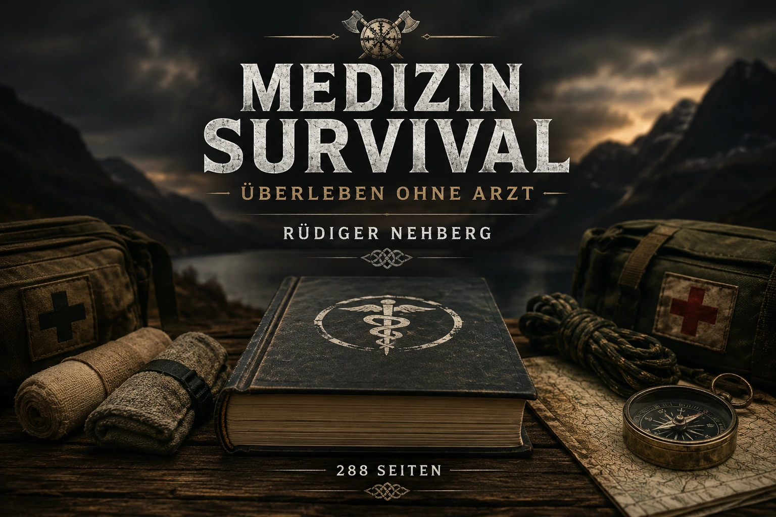 Dunkles Buchbanner zu Medizin Survival von Rüdiger Nehberg mit geschlossenem Buch, Erste-Hilfe-Ausrüstung, Karte, Kompass und Gebirgslandschaft.