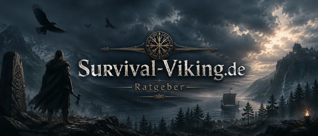 Survival Viking Ratgeber mit nordischer Fjordlandschaft, Wikinger-Motiv und Schriftzug