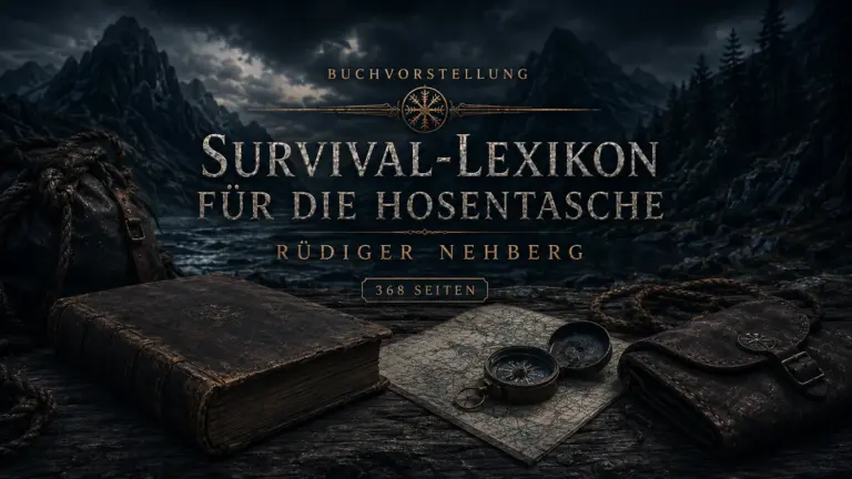 Buchbanner zum Survival-Lexikon für die Hosentasche von Rüdiger Nehberg mit geschlossenem Buch, Karte, Kompass und dunkler Outdoor-Landschaft.