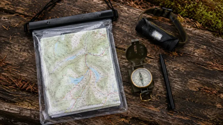 Outdoor-Routenplanung mit Karte in wasserdichter Hülle, Kompass, Stift und Stirnlampe auf einem Holztisch.