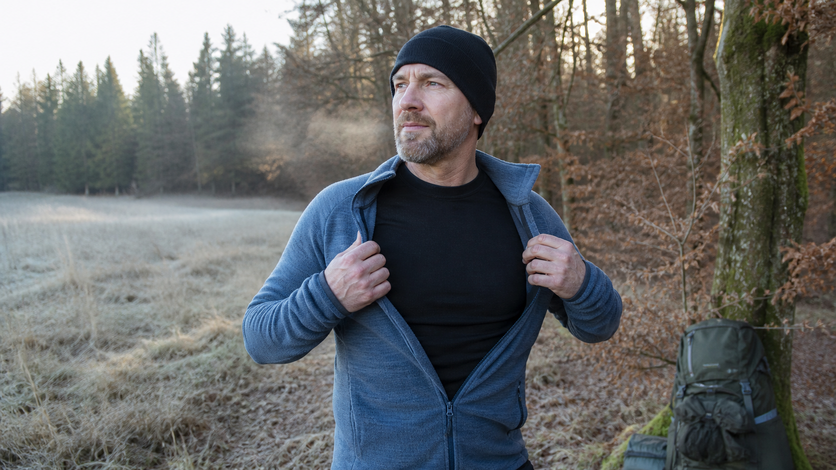 Outdoor-Baselayer unter einer Fleecejacke an einem kalten Waldmorgen