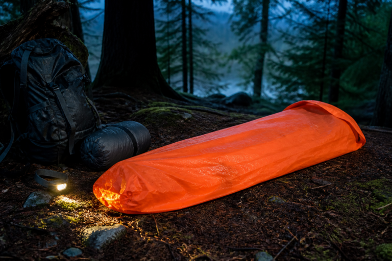 Oranger Notfall-Biwaksack mit Schlafsack und Notfallrucksack im Wald