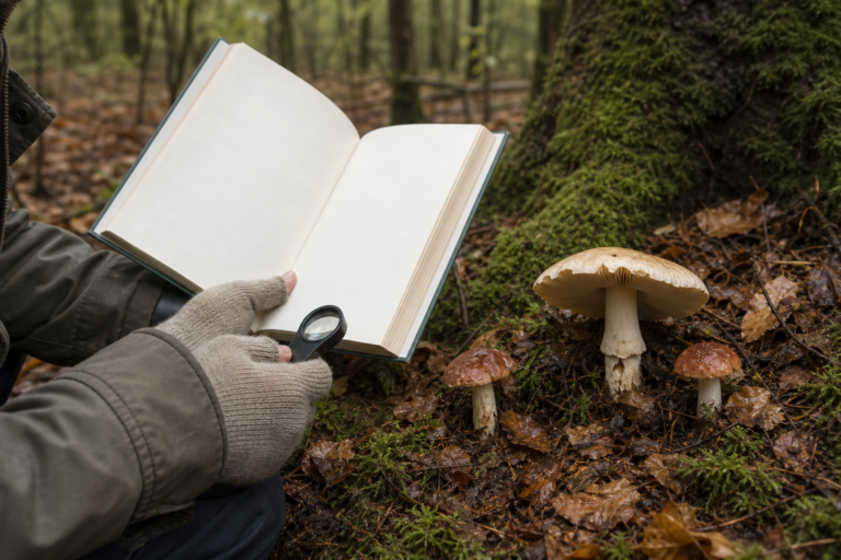 Pilzsammler vergleicht Waldpilze mit einem Pilzführer im mitteleuropäischen Mischwald