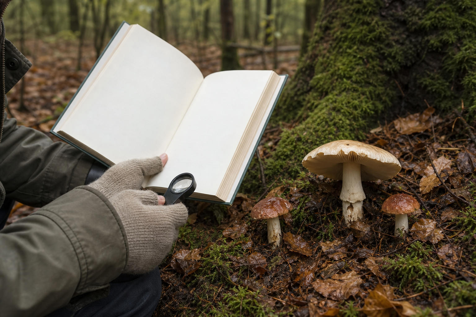 Pilzsammler vergleicht Waldpilze mit einem Pilzführer im mitteleuropäischen Mischwald