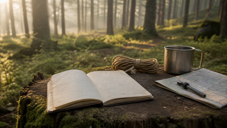 Bushcraft-Notizbuch mit Karte, Seil und Metallbecher im Wald