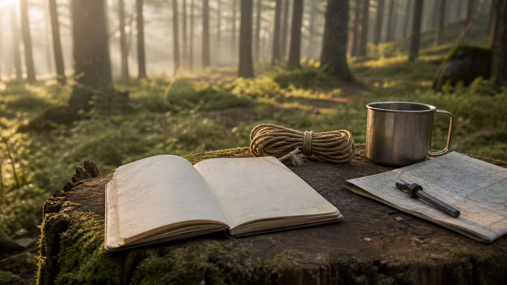 Bushcraft-Notizbuch mit Karte, Seil und Metallbecher im Wald