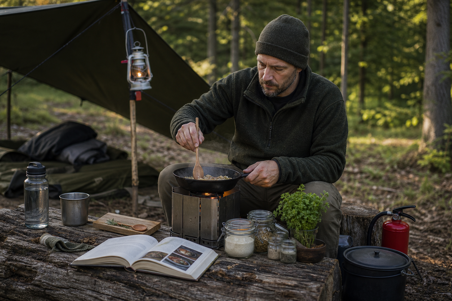 Bushcraft-Kochpraxis mit Handbuch und sicherem Campingkocher im Wald