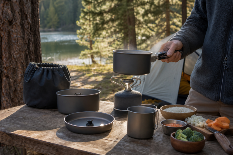 Camping-Kochgeschirr mit zwei Töpfen, Pfanne und sicherem Topfgriff
