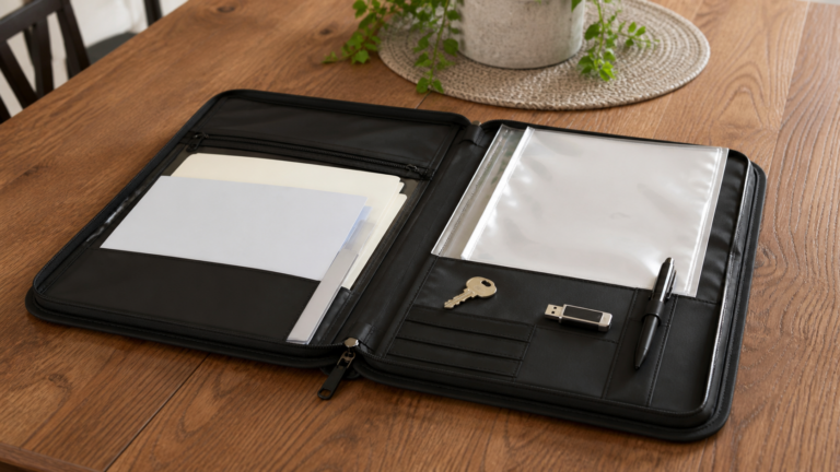 Wassergeschützte Dokumentenmappe mit geordneten Unterlagen und USB-Stick