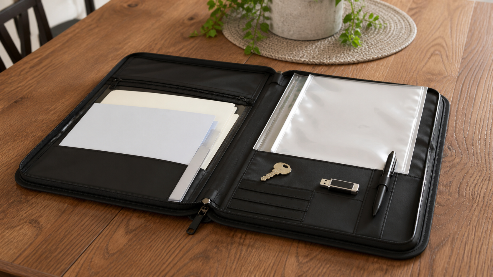 Wassergeschützte Dokumentenmappe mit geordneten Unterlagen und USB-Stick