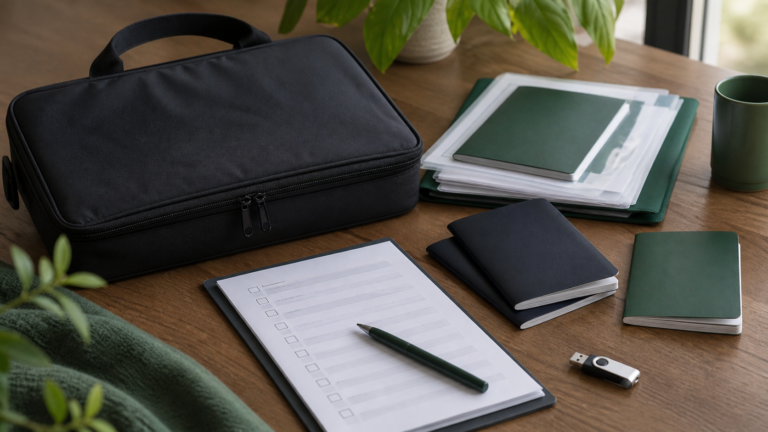 Schwarze Dokumententasche mit Notfallunterlagen und USB-Stick