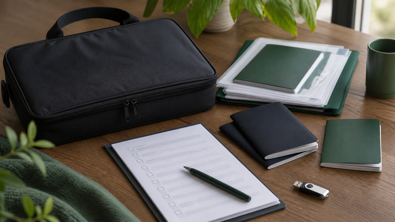 Schwarze Dokumententasche mit Notfallunterlagen und USB-Stick