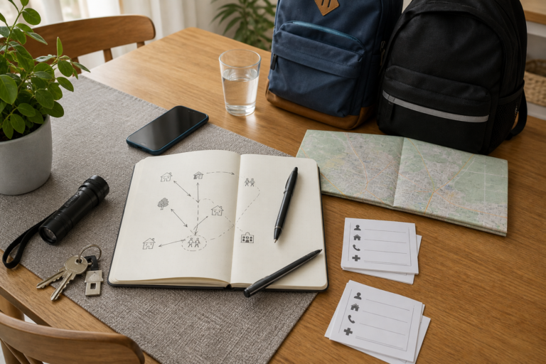 Familien-Notfallplan mit Karte, Kontakten, Taschenlampe und Rucksäcken