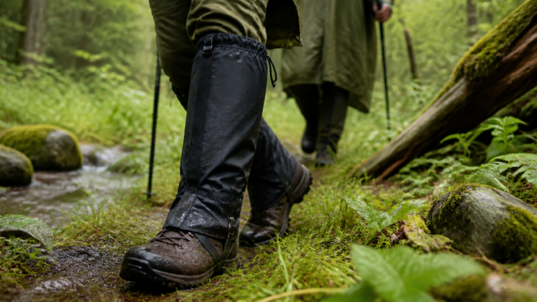 Schwarze wasserdichte Gamaschen über Wanderschuhen im nassen Wald