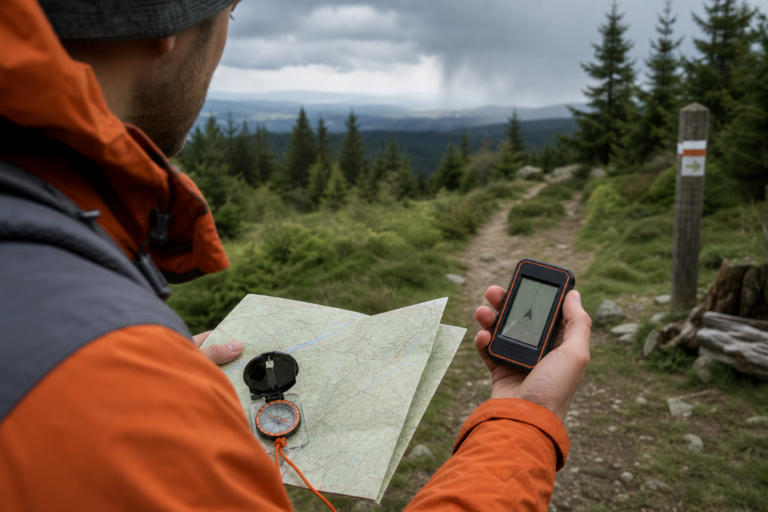 Wanderer gleicht ein GPS-Handgerät mit Papierkarte und Kompass ab