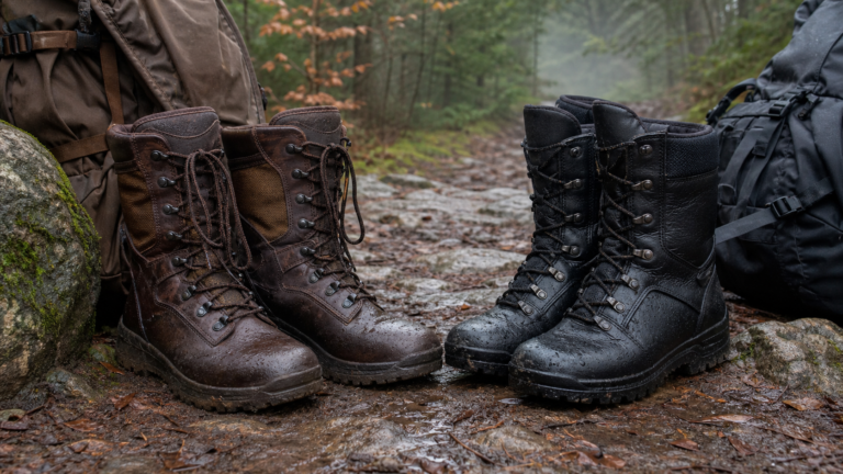 Braune und schwarze hohe Outdoorstiefel auf einem nassen Waldweg