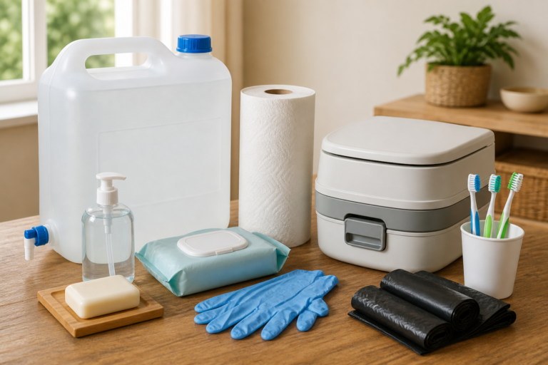 Notfall-Hygieneausstattung mit Wasserkanister, Seife und Campingtoilette