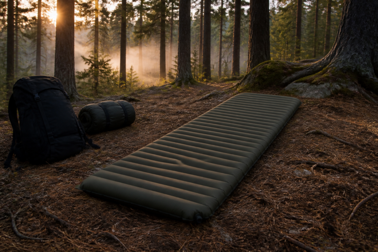 Aufblasbare Isomatte mit Schlafsack und Notfallrucksack im Wald