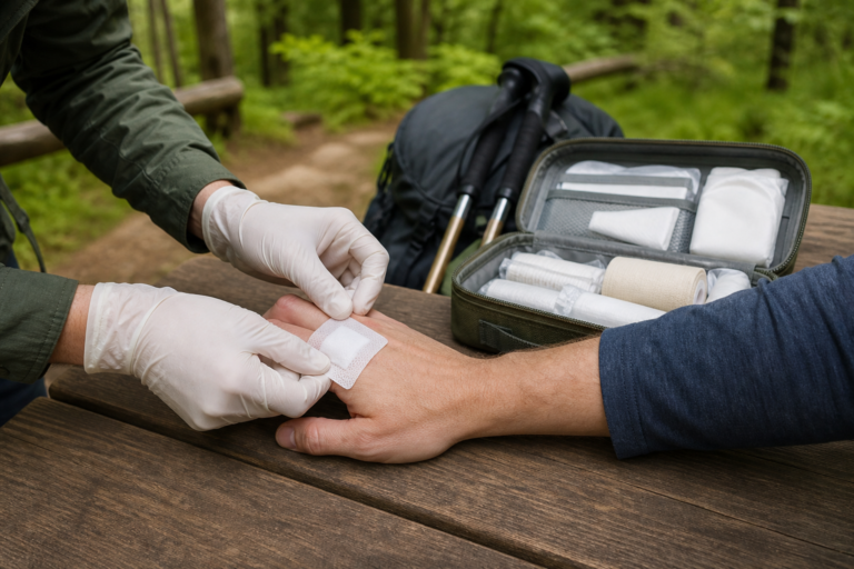 Sterile Wundauflage bei einer kleinen Handverletzung während einer Wanderung