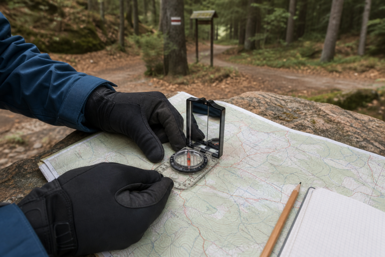 Wanderer richtet eine topografische Karte mit einem Spiegelkompass aus