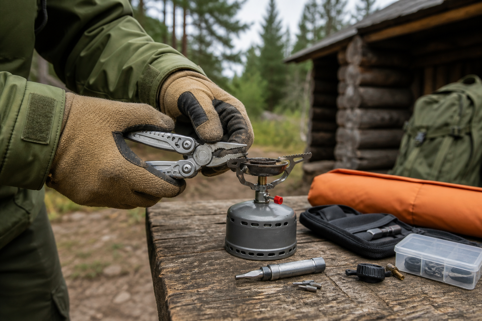 Multitool mit Zange bei der Reparatur eines Outdoor-Kochers