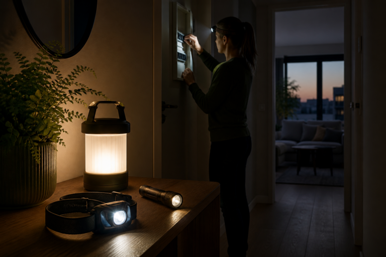 Stirnlampe, Taschenlampe und Laterne als Notbeleuchtung bei Stromausfall