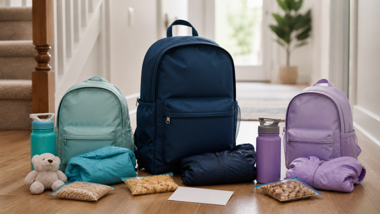 Ein großer und zwei kleine Familien-Notfallrucksäcke mit Wasser, Kleidung und Kuscheltier