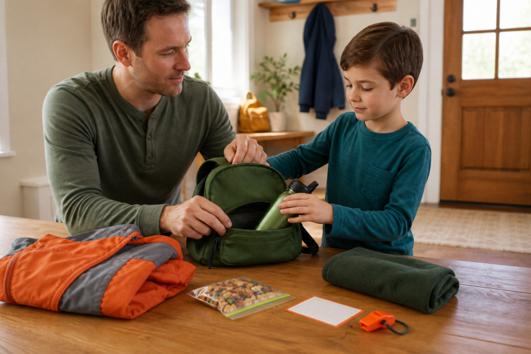 Vater und Kind packen gemeinsam einen leichten Notfallrucksack für Kinder