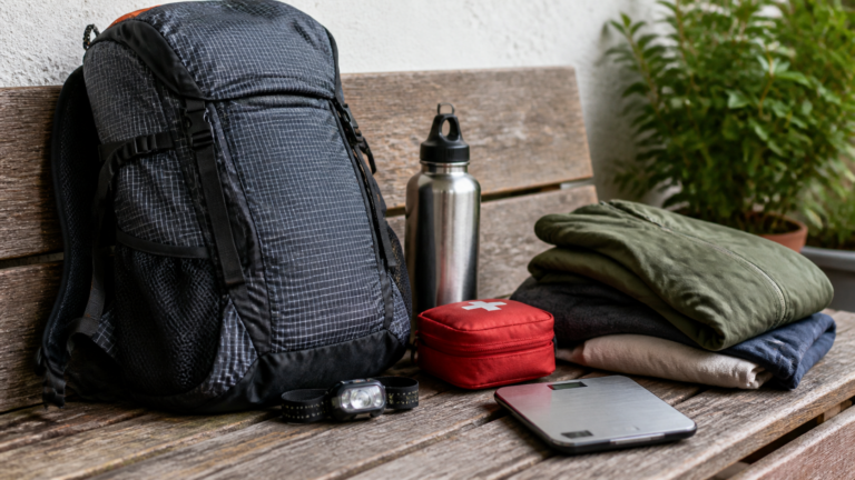 Leichter Notfallrucksack mit Wasser, Kleidung, Erste-Hilfe-Set und Waage
