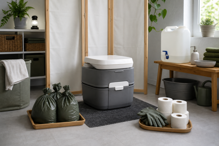 Sauber vorbereitete Nottoilette mit Wasserkanister, Seife und Hygienevorräten bei Wasserausfall