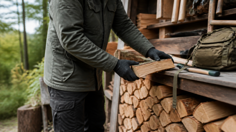 Outdoor-Arbeitshandschuhe beim sicheren Stapeln von Brennholz