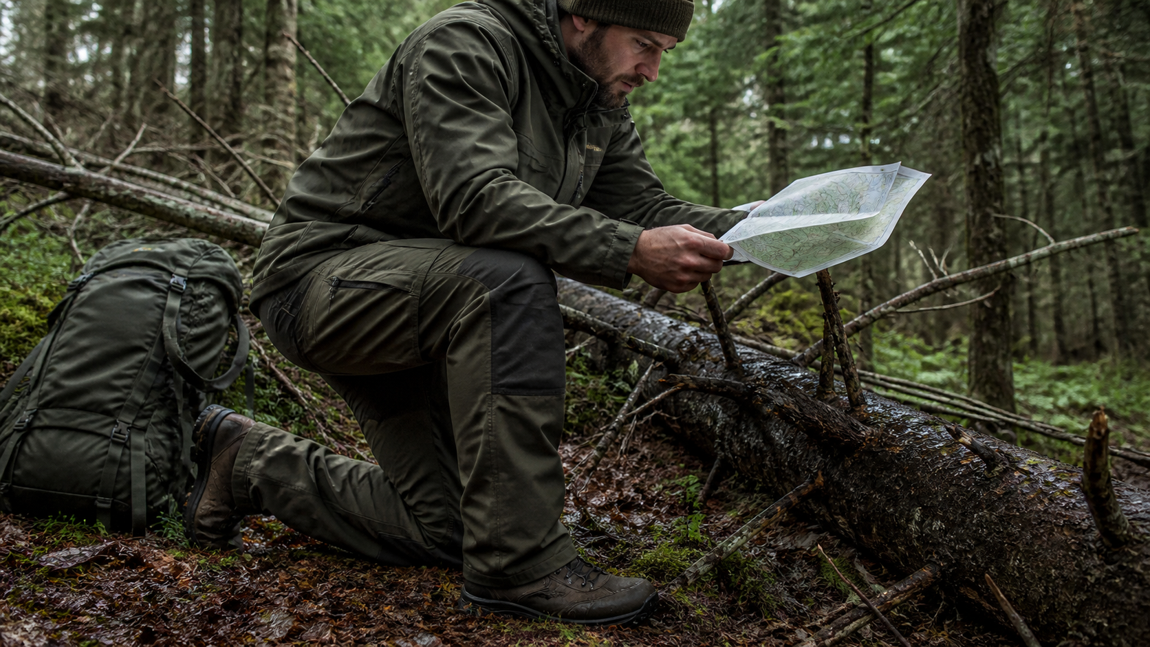 Robuste olivfarbene Outdoorhose beim Kartenlesen in einem feuchten Wald