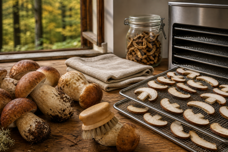 Pilzbürste, geschnittene Steinpilze und Dörrautomat beim Putzen und Trocknen von Pilzen