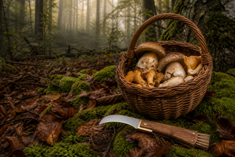 Pilzmesser mit Bürste neben einem Weidenkorb mit Steinpilzen und Pfifferlingen im herbstlichen Wald