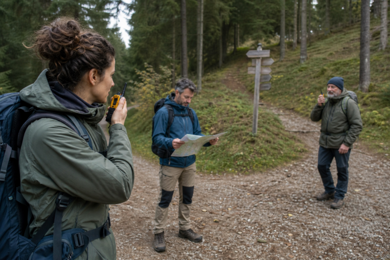 Wandergruppe koordiniert sich mit PMR-Funkgeräten an einer Weggabelung