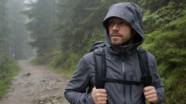 Wanderer in dunkler Regenjacke bei starkem Regen auf einem Waldweg