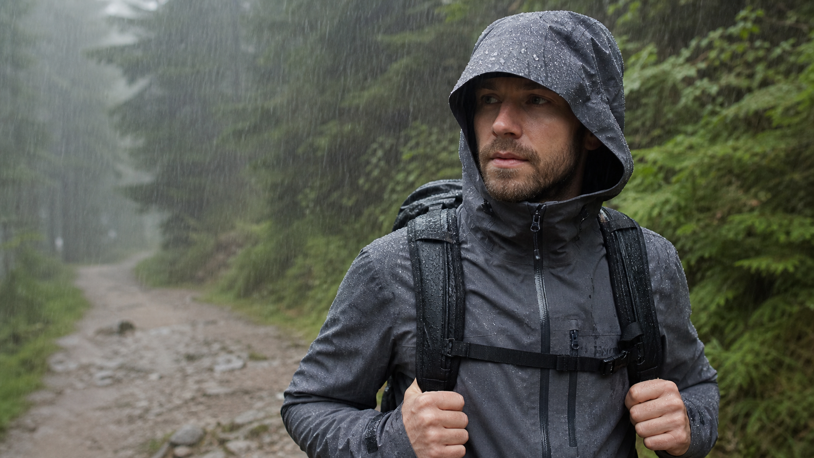 Wanderer in dunkler Regenjacke bei starkem Regen auf einem Waldweg