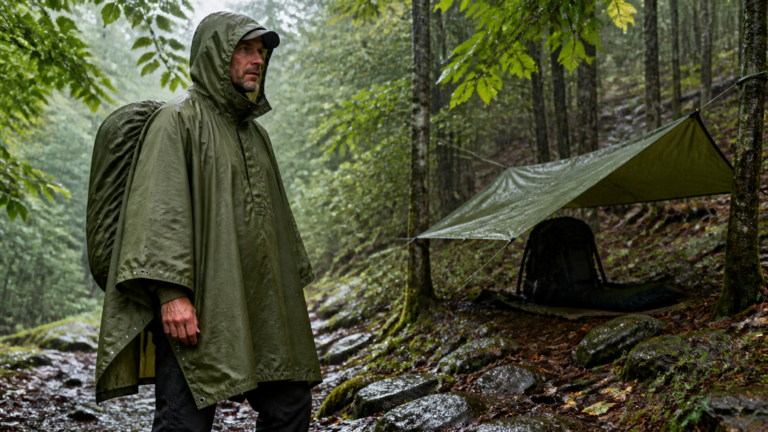 Wanderer mit olivgrünem Regenponcho und Poncho-Tarp im Wald