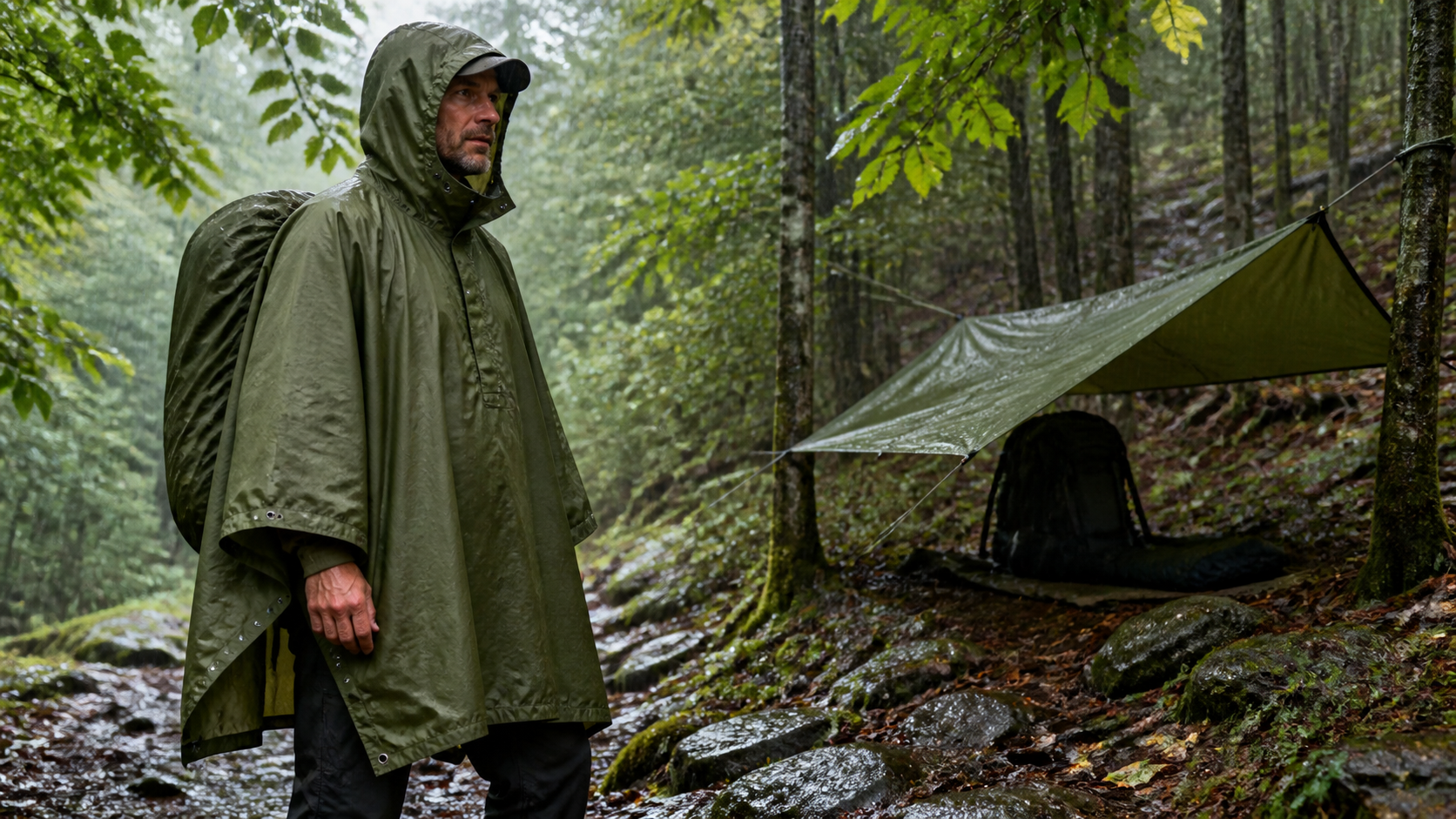 Wanderer mit olivgrünem Regenponcho und Poncho-Tarp im Wald