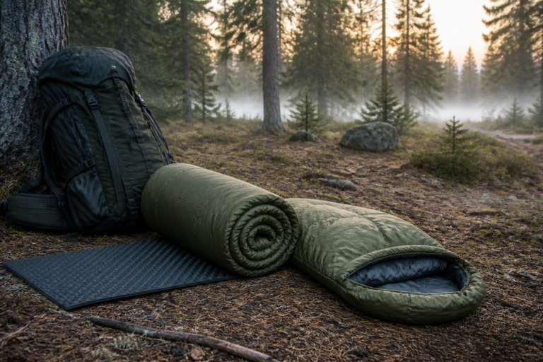 Drei-Jahreszeiten-Schlafsack mit Isomatte und Notfallrucksack im Wald