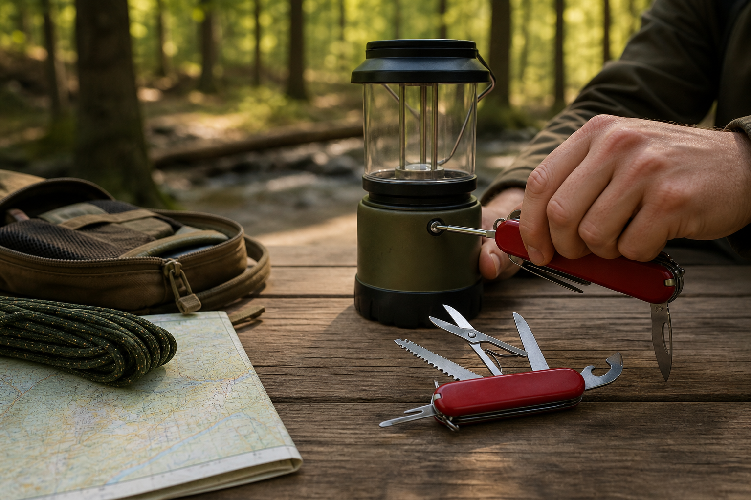 Schweizer Taschenmesser mit Schere, Säge und Schraubendreher bei einer Camping-Reparatur