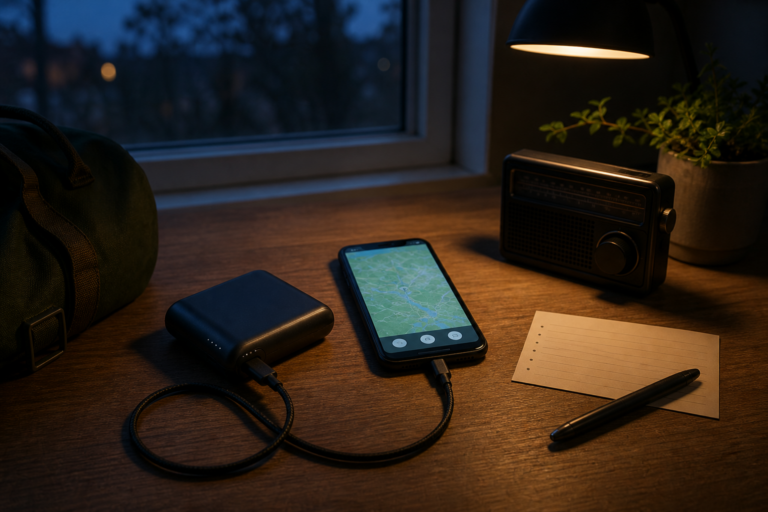 Smartphone mit Offline-Karte, Powerbank und Radio bei Stromausfall