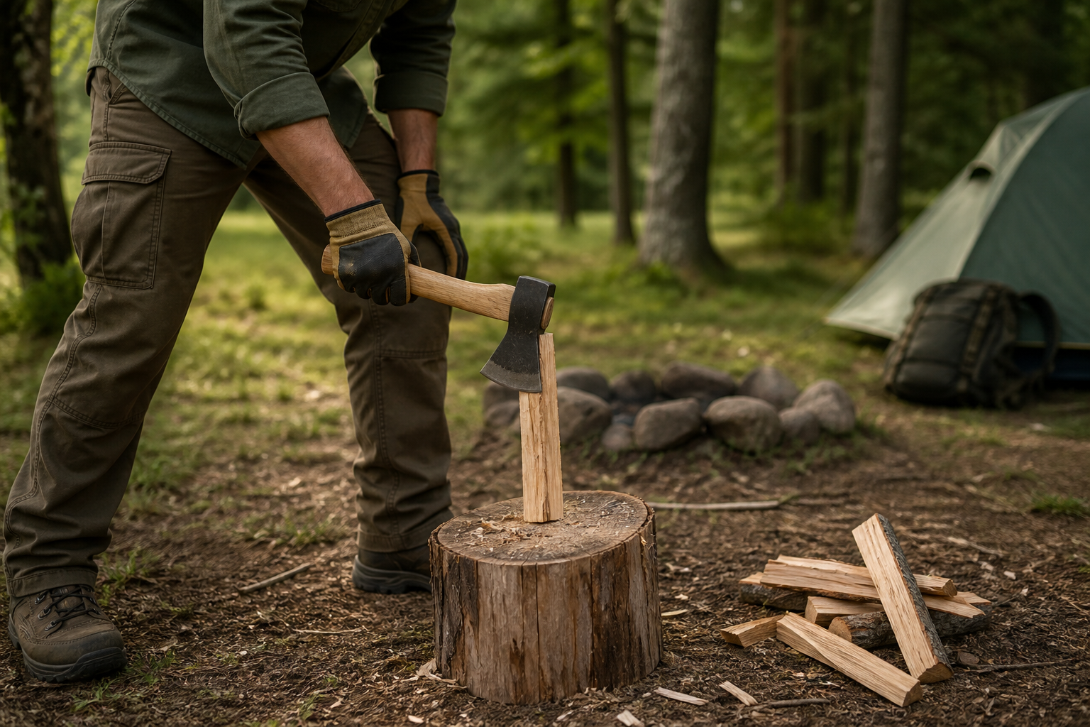 Outdoor-Profi spaltet sicher Kleinholz mit einer kompakten Survival-Axt